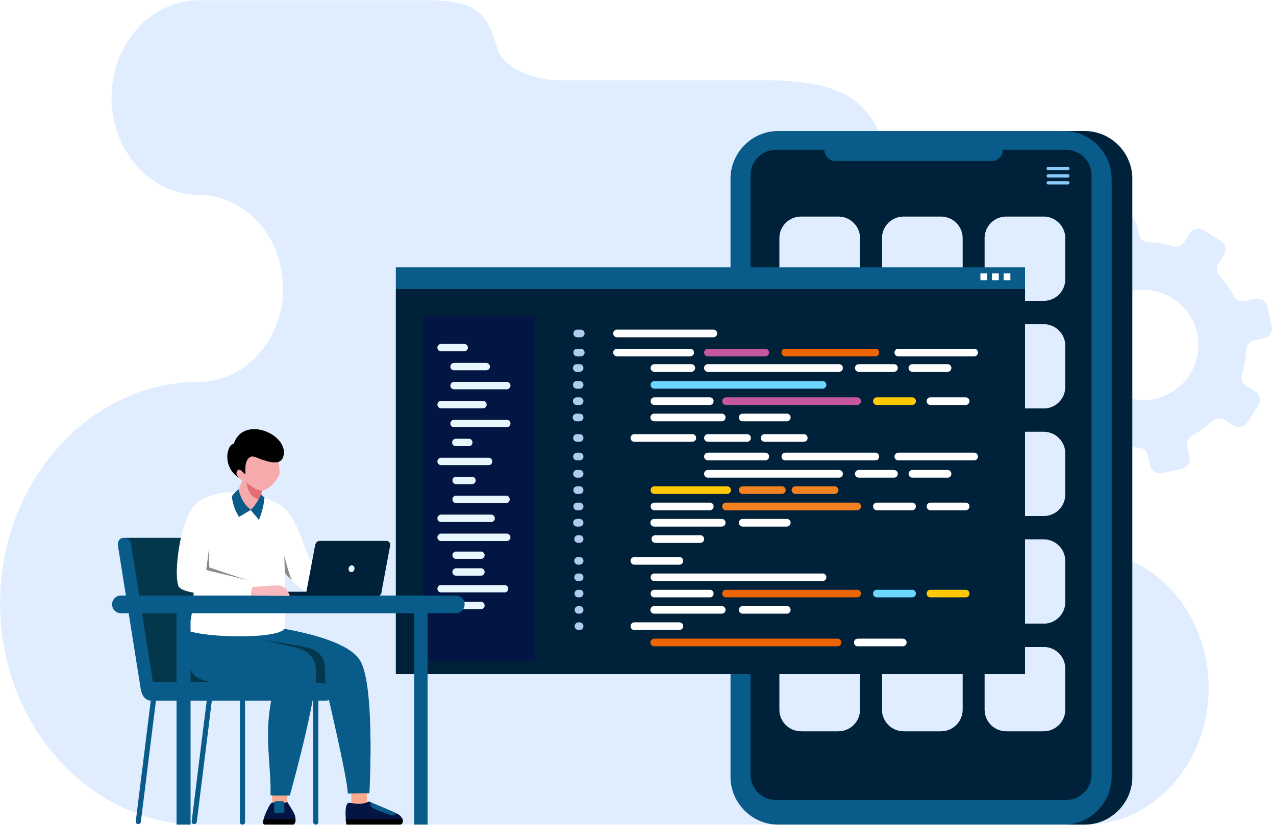 Titelbild: Mensch mit Laptop, Fenster mit Programmcode, Smartphone.